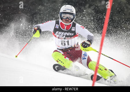 Zagreb, Croatia - January 6, 2019 : Albert Popov from Bulgaria competes during the Audi FIS Alpine Ski World Cup Mens Slalom, Snow Queen Trophy 2019 i Stock Photo