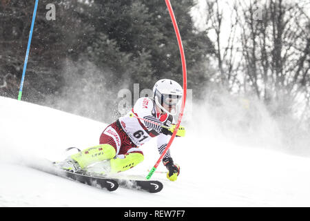 Zagreb, Croatia - January 6, 2019 : Albert Popov from Bulgaria competes during the Audi FIS Alpine Ski World Cup Mens Slalom, Snow Queen Trophy 2019 i Stock Photo