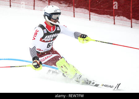 Zagreb, Croatia - January 6, 2019 : Albert Popov from Bulgaria competes during the Audi FIS Alpine Ski World Cup Mens Slalom, Snow Queen Trophy 2019 i Stock Photo