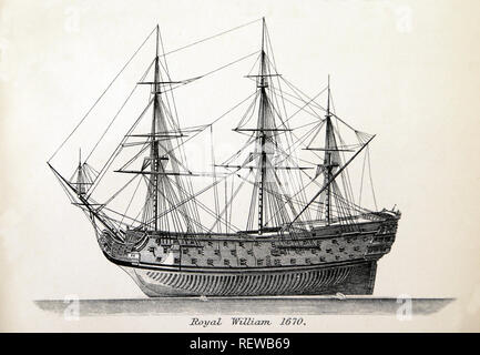 HMS Royal Williams ship. Renamed as Royal Prince. Built from 1667 to 1670. United Kingdom's naval warfare force.  Engraving Stock Photo