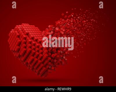 heart shaped, dissolving data block. made with red cubes. 3d pixel style vector illustration. Stock Vector