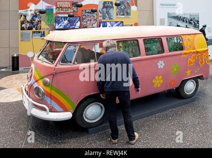 Hippie movement with painted VW bus, House of History, Bonn, North Rhine-Westphalia, Germany Stock Photo