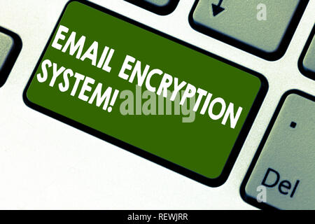 Word writing text Email Encryption System. Business concept for Authentication mechanism of an email message Keyboard key Intention to create computer Stock Photo
