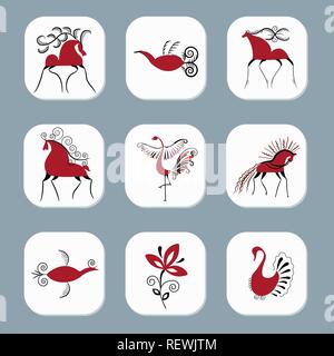 Set with decorative elements Mezensky painting with brds,l deers, horses. lustration, vector Stock Vector