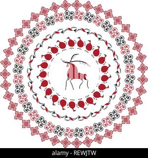 Plate with decorative elements  folk art of northern region of Russia. Mezensky red firebird. Illustration, vector frame template Stock Vector