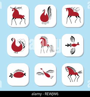 Set with decorative elements Mezensky painting. Illustration, vector on dark background Stock Vector