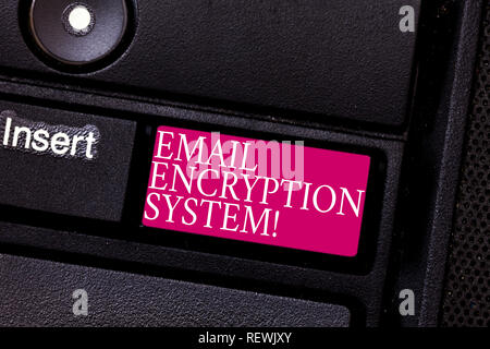 Word writing text Email Encryption System. Business concept for Authentication mechanism of an email message Keyboard key Intention to create computer Stock Photo