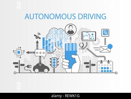 Autonomous driving concept with hand holding modern bezel free smartphone Stock Vector