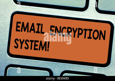 Word writing text Email Encryption System. Business concept for Authentication mechanism of an email message Keyboard key Intention to create computer Stock Photo