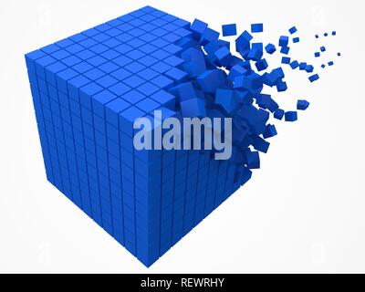 dissolving data block. made with smaller blue cubes. 3d pixel style vector illustration. Stock Vector