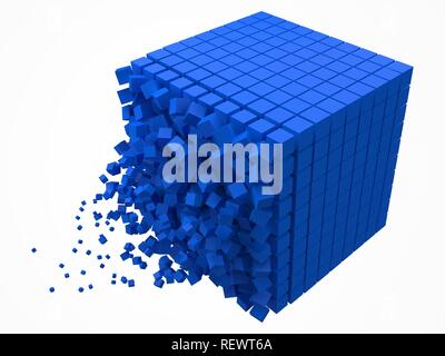 dissolving data block. made with smaller blue cubes. 3d pixel style vector illustration. Stock Vector