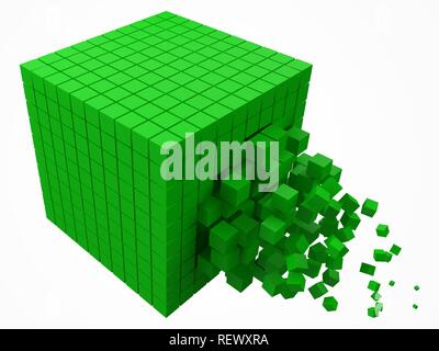 dissolving data block. made with smaller green cubes. 3d pixel style vector illustration. Stock Vector