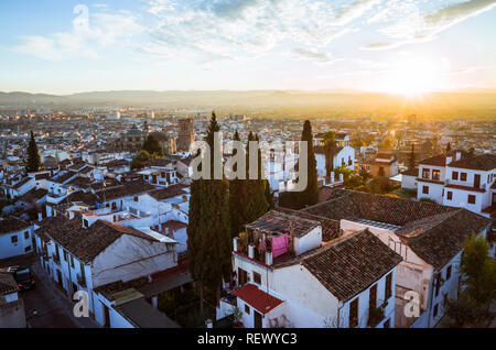 Granada, Andalusia, Spain : Aerial of the Unesco listed  Albaicin district old town at sunset.