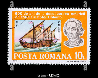 Postage stamp from Romania depicting Christopher Columbus and the Nina, on the 500th anniversary of the discovery of the New World. Stock Photo
