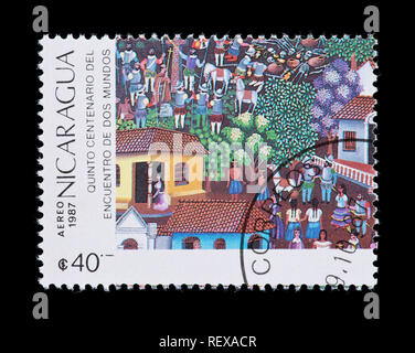 Postage stamp from Nicaragua depicting a Spanish town, 500th anniversary of he discovery of the Americas. Stock Photo