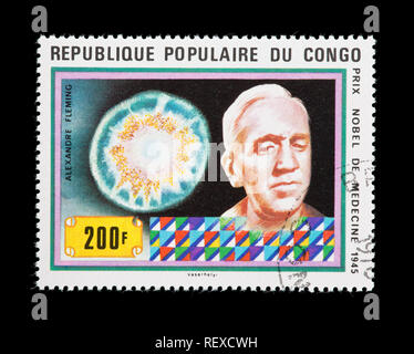 Postage stamp from The People's Republic of Congo depicting Alexander Fleming and Penicillium mold Stock Photo