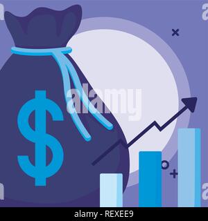 Money bag and bar chart over purple background, vector illustration Stock Vector