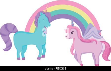 Cute unicorns and rainbow over white background, colorful design. vector illustration Stock Vector