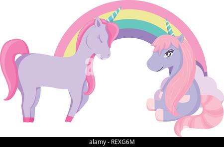 Cute unicorns and rainbow over white background, colorful design. vector illustration Stock Vector