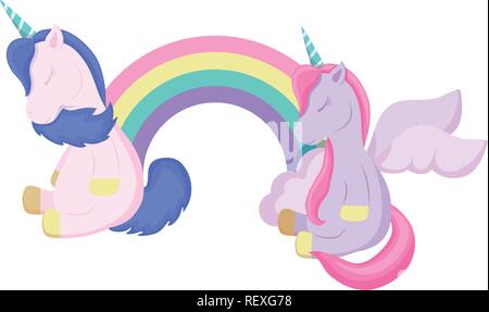 Cute unicorns and rainbow over white background, colorful design. vector illustration Stock Vector