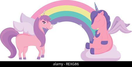 Cute unicorns and rainbow over white background, colorful design. vector illustration Stock Vector