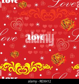 Vector colorful illustration. Seamless pattern with different colorful elements in hearts shape, hearts and curl decorative elements, red roses isolat Stock Vector