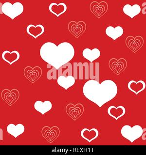 Vector colorful illustration. Seamless pattern with white hearts shape isolated on red background. Image for art and design. Valentines day. Stock Vector
