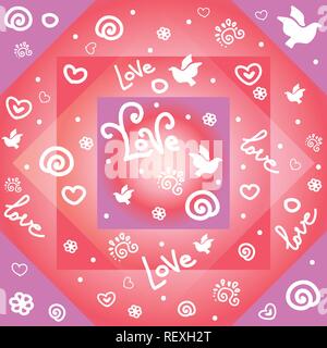 Vector colorful illustration. Seamless pattern with white contour shapes dove, love, hearts, flower, curl elements isolated on colorful geometric back Stock Vector