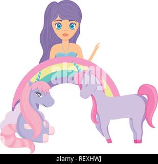Girl with Cute unicorns and rainbow over white background, colorful design. vector illustration Stock Vector