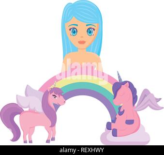 Girl with Cute unicorns and rainbow over white background, colorful design. vector illustration Stock Vector