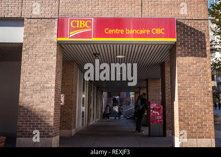 MONTREAL, CANADA - NOVEMBER 4, 2018: CIBC logo, in front of one of their banking center in Montreal. Called as well Canadian Imperial Bank of Commerce Stock Photo