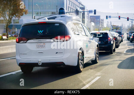 December 9, 2017 Mountain View / CA / USA - Waymo self driving car stopped at a traffic light, Silicon Valley, San Francisco bay Stock Photo