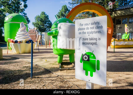 December 13, 2017 Mountain View / CA / USA - The Android Lawn Statues represent a photo opportunity in the Google office campus located in Silicon Val Stock Photo