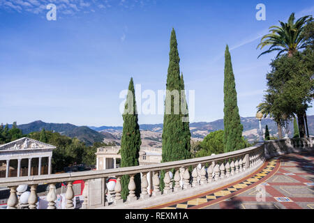 December 23, 2017 San Simeon / CA / USA - Terrace overlooking the surrounding hills and valleys, Hearst Castle Stock Photo