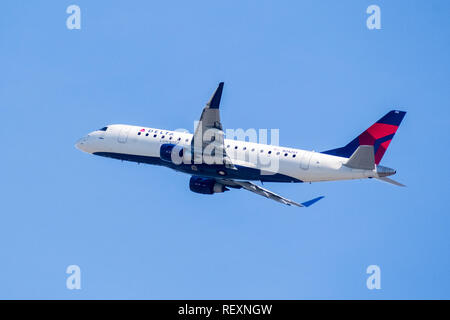January 31, 2018 San Jose / CA / USA - Delta Airlines aircraft after taking off from Norman Y. Mineta San Jose International Airport, Silicon Valley Stock Photo