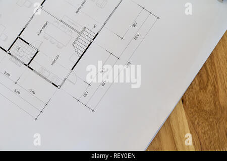 Top view of an architectural blueprint with black and white details on architect desk Stock Photo