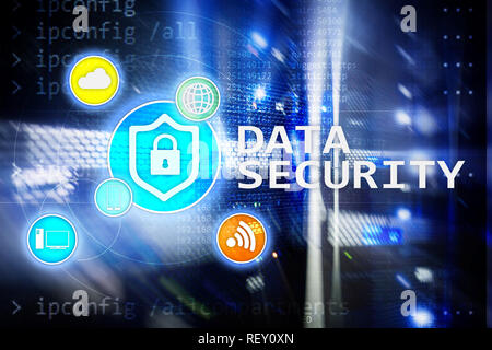 Data security, cyber crime prevention, Digital information protection. Lock icons and server room background Stock Photo