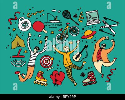 Group men and hobbies sports hiking fishing Stock Vector