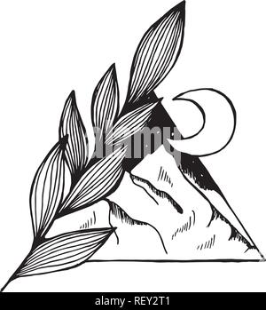Pattern with space and mountains inscribed in a triangle and a branch that goes beyond the triangle. Tattoo idea. Stock Vector