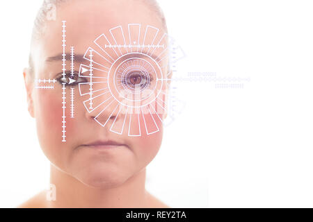 Security scan of woman iris or retina to determine identity. technology looking at eye Stock Photo