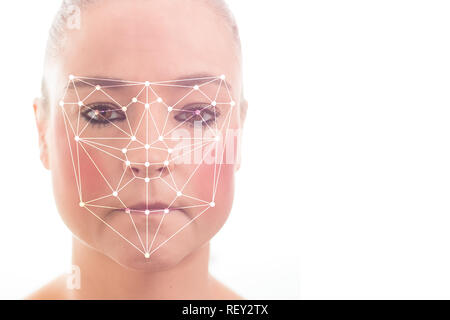 Recognition of a female face by layering a mesh and reading by scanner. Biometric verification and identification Stock Photo