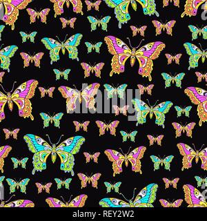 Abstract butterflies seamless pattern, hand drawing, textile print, vector illustration. Patterned colorful bright insect with wings view from above o Stock Vector