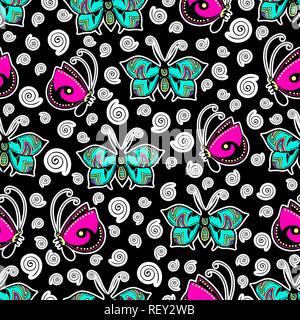 Abstract butterflies seamless pattern, hand drawing, textile print, vector illustration. Patterned colorful insect with wings and white stroke on blac Stock Vector