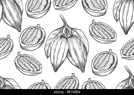 Vector Cocoa tree illustration. Vintage background with hand drawn with leaves, flowres, fruits and beans. Botanical seamless pattern. Aromatical and  Stock Vector