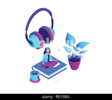 Listening to music - modern colorful isometric vector illustration Stock Vector