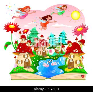 Joyful fairies flying in the sky above the mushroom houses. Landscape with mushroom houses, a river, forest and flowers. An open book with a cartoon l Stock Vector