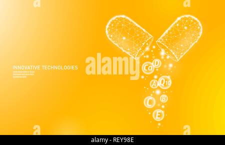 Multi vitamin complex low poly capsule. Health supplement skin care bodybuilding anti-aging pharmacy banner template. 3D coenzyme Q10, A, B, C, D. Medicine science vector illustration Stock Vector