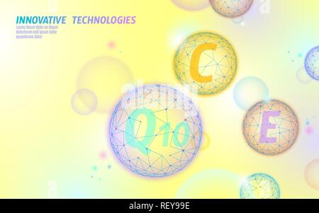 Vitamin complex low poly sphere bubble. Health supplement skin care healthy eating anti-aging pharmacy banner template. 3D coenzyme Q10, C, E. Medicine science vector illustration Stock Vector