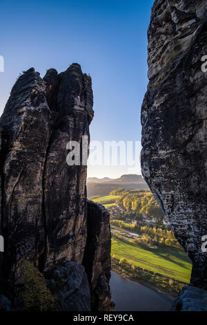 Landscape in the National Park Sächsische Schweiz with rock formations, river Elbe and trees Stock Photo