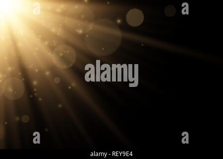 Stylish golden light effect isolated on a black background. Golden rays. Bright explosion. Flying magical dust. Sunlight. Abstract lights bokeh. Vecto Stock Vector